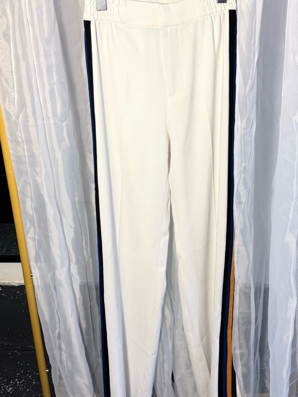 White Dress Pants with Navy and Gold Side Stripes